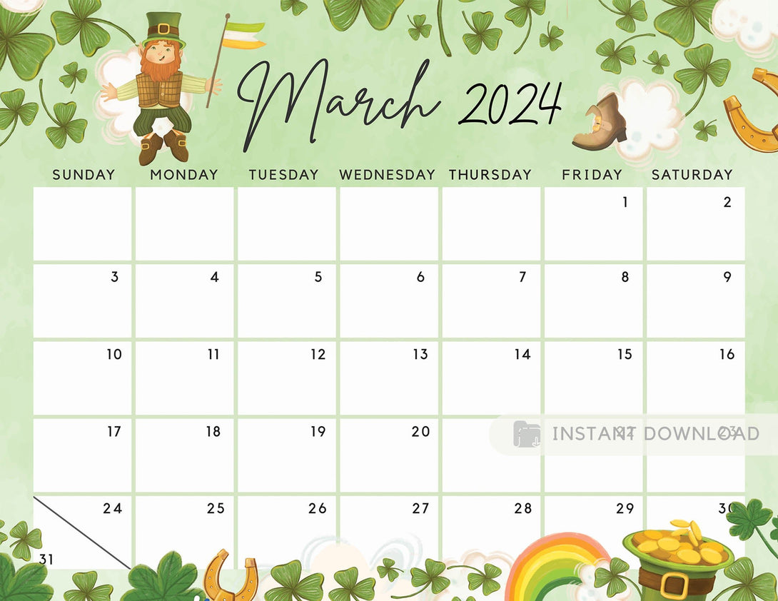 Editable March 2024 Calendar for the Lucky Month with Clovers Cute Printable Calendar Fillable Editable Planner - Instant Download - Visley Printables