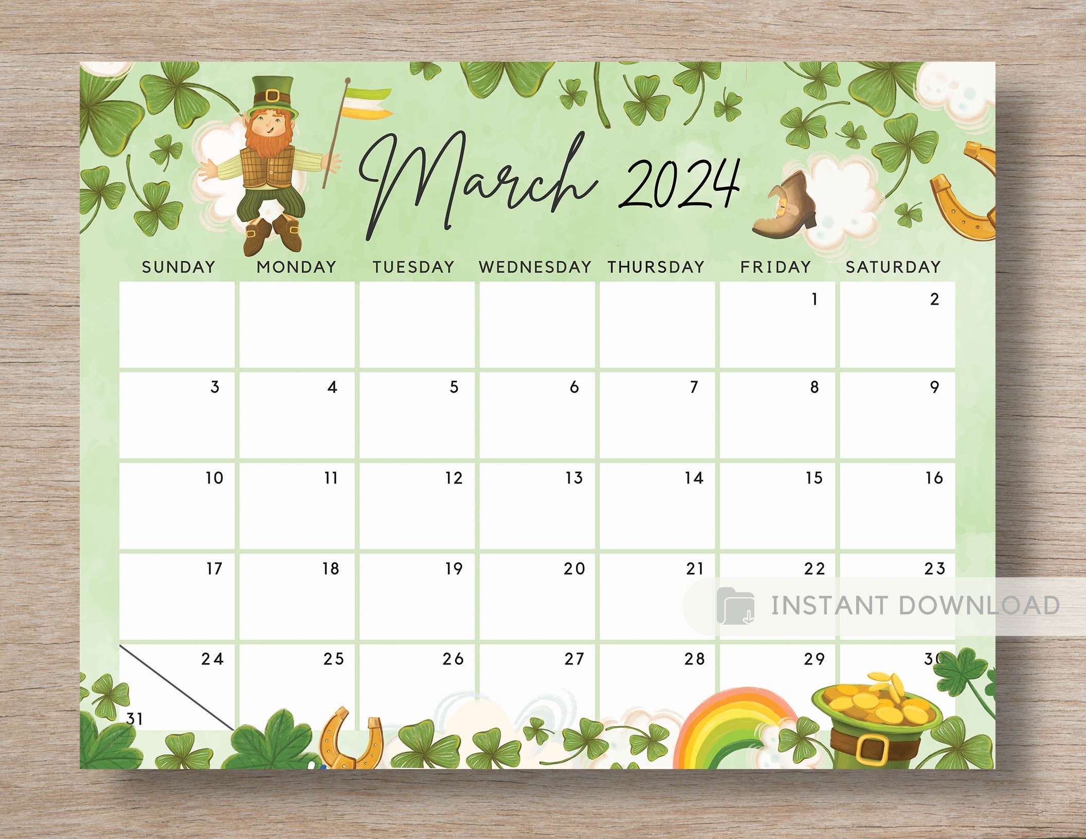 Editable March 2024 Calendar for the Lucky Month with Clovers Cute Pri ...