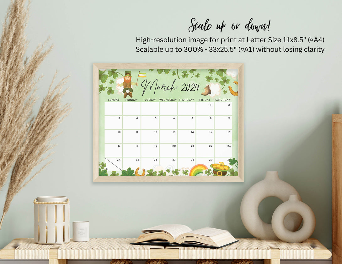 Editable March 2024 Calendar for the Lucky Month with Clovers Cute Printable Calendar Fillable Editable Planner - Instant Download - Visley Printables
