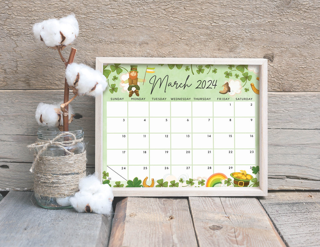 Editable March 2024 Calendar for the Lucky Month with Clovers Cute Printable Calendar Fillable Editable Planner - Instant Download - Visley Printables