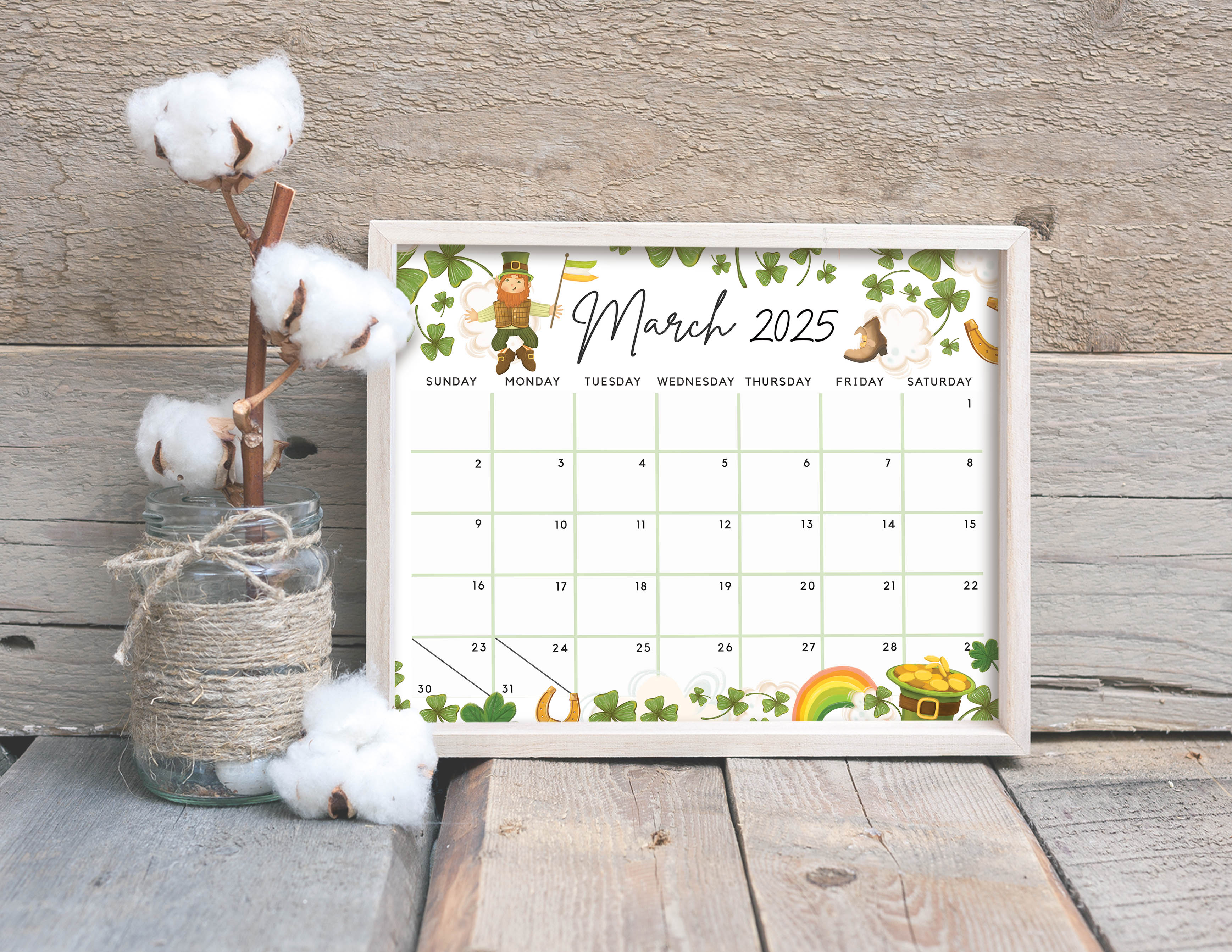 Editable March 2025 Calendar for the Lucky Month Clovers Cute Printabl