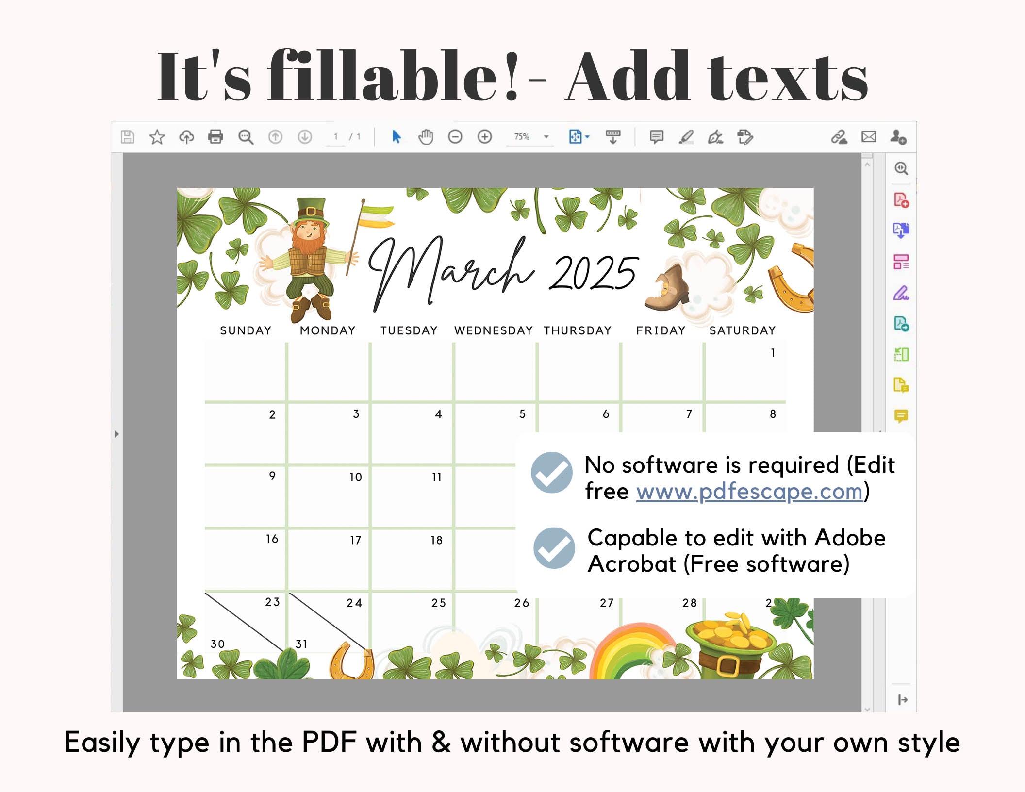 Editable March 2025 Calendar for the Lucky Month Clovers Cute Printabl