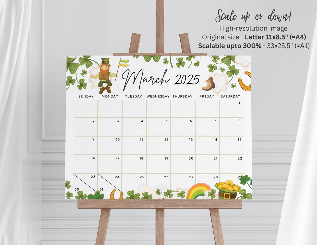 Editable March 2025 Calendar for the Lucky Month Clovers Cute Printable Calendar, Green Fillable Editable Planner - Instant Download - Visley Printables