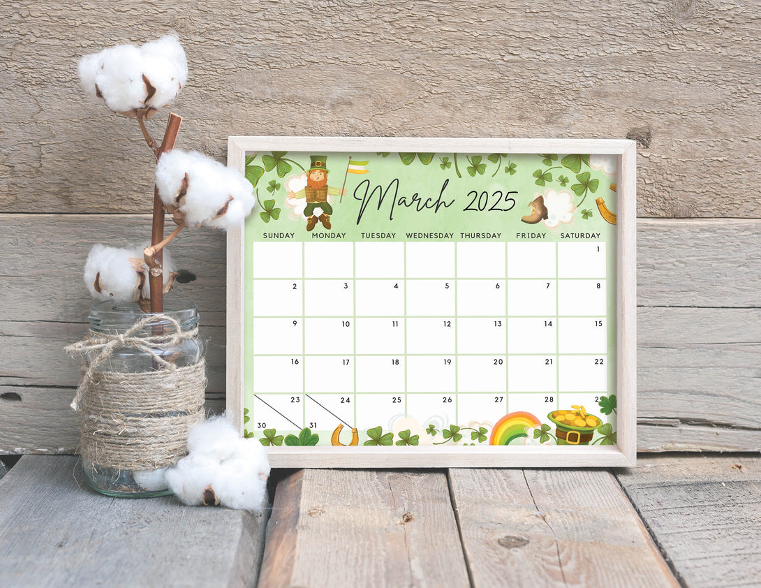 Editable March 2025 Calendar for the Lucky Month, Irish Clover Cute Printable Calendar Fillable Editable Planner - Instant Download - Visley Printables