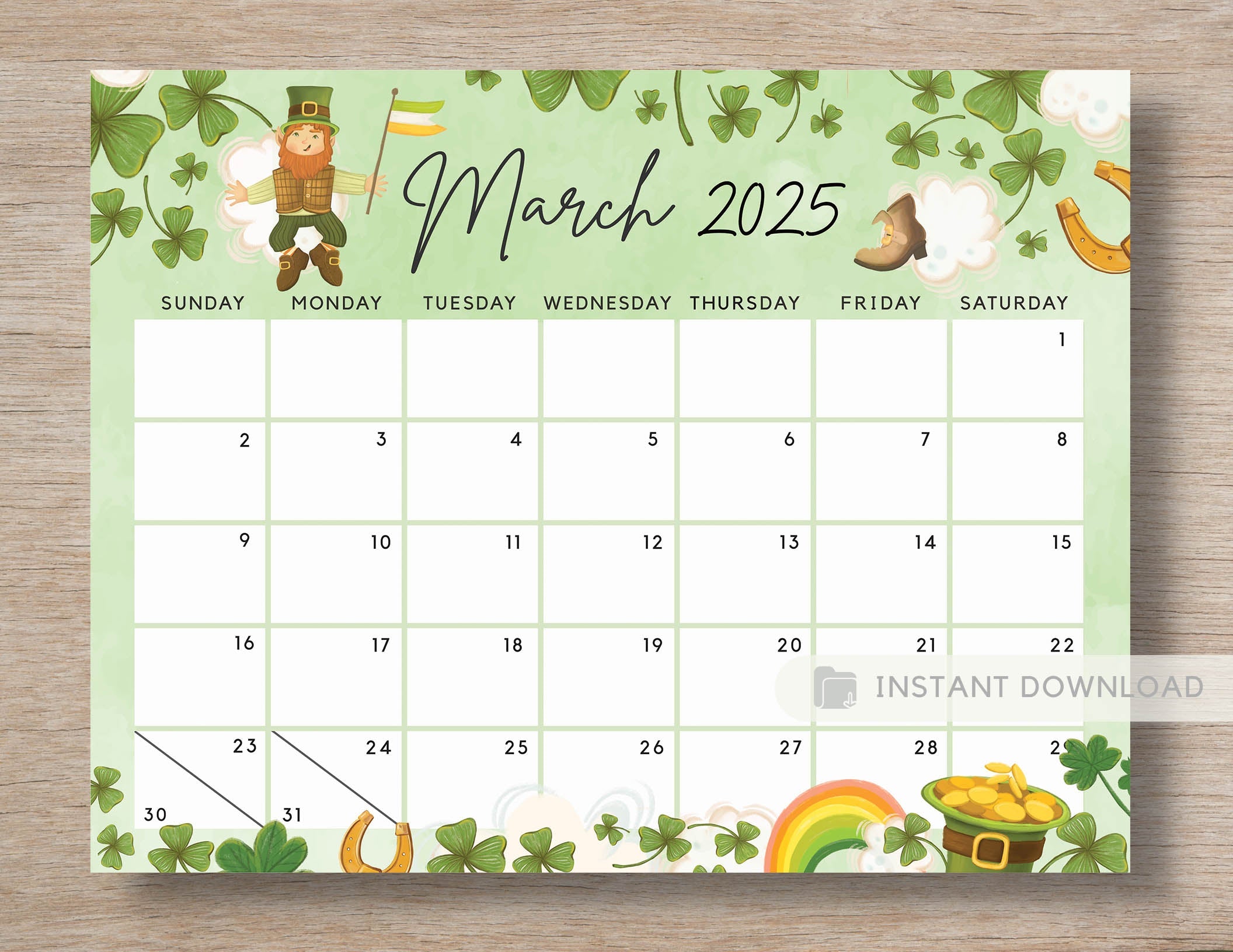 Editable March 2025 Calendar for the Lucky Month, Irish Clover Cute Pr