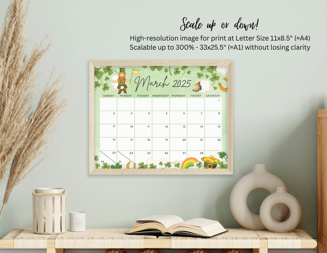 Editable March 2025 Calendar for the Lucky Month, Irish Clover Cute Printable Calendar Fillable Editable Planner - Instant Download - Visley Printables