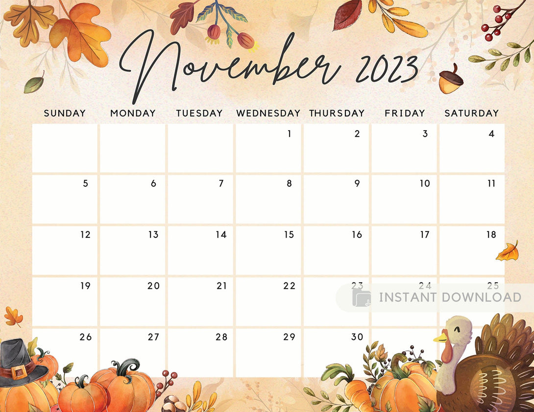 Editable November 2023 Calendar Thanksgiving Day Printable Calendar w Turkey & Pumpkins Cute Fall Autumn Fillable Vibes Planner - Visley Printables