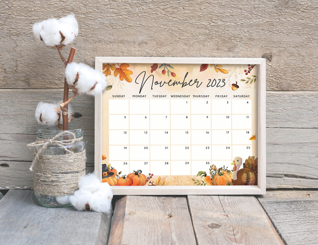 Editable November 2023 Calendar Thanksgiving Day Printable Calendar w Turkey & Pumpkins Cute Fall Autumn Fillable Vibes Planner - Visley Printables