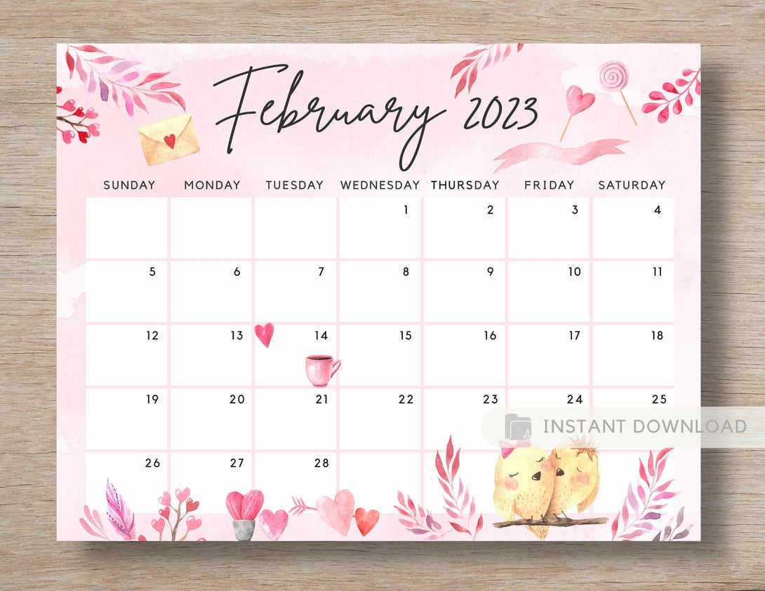 February 2023 Calendar, Cute Valentine Love Day Watercolor Hearts Planner - Printable Fillable Editable Calendar Planner - Instant Download - Visley Printables