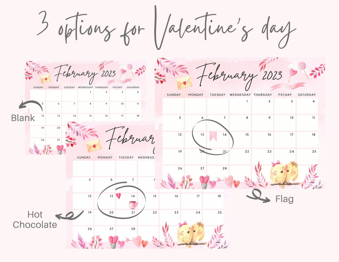 February 2023 Calendar, Cute Valentine Love Day Watercolor Hearts Planner - Printable Fillable Editable Calendar Planner - Instant Download - Visley Printables