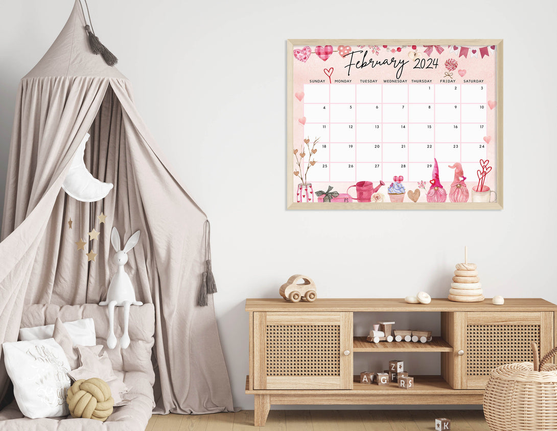 February 2024 Calendar, Lovely & Sweet Love Gnome - Cute Hearts Printable Fillable Editable Calendar Planner - Instant Download - Visley Printables