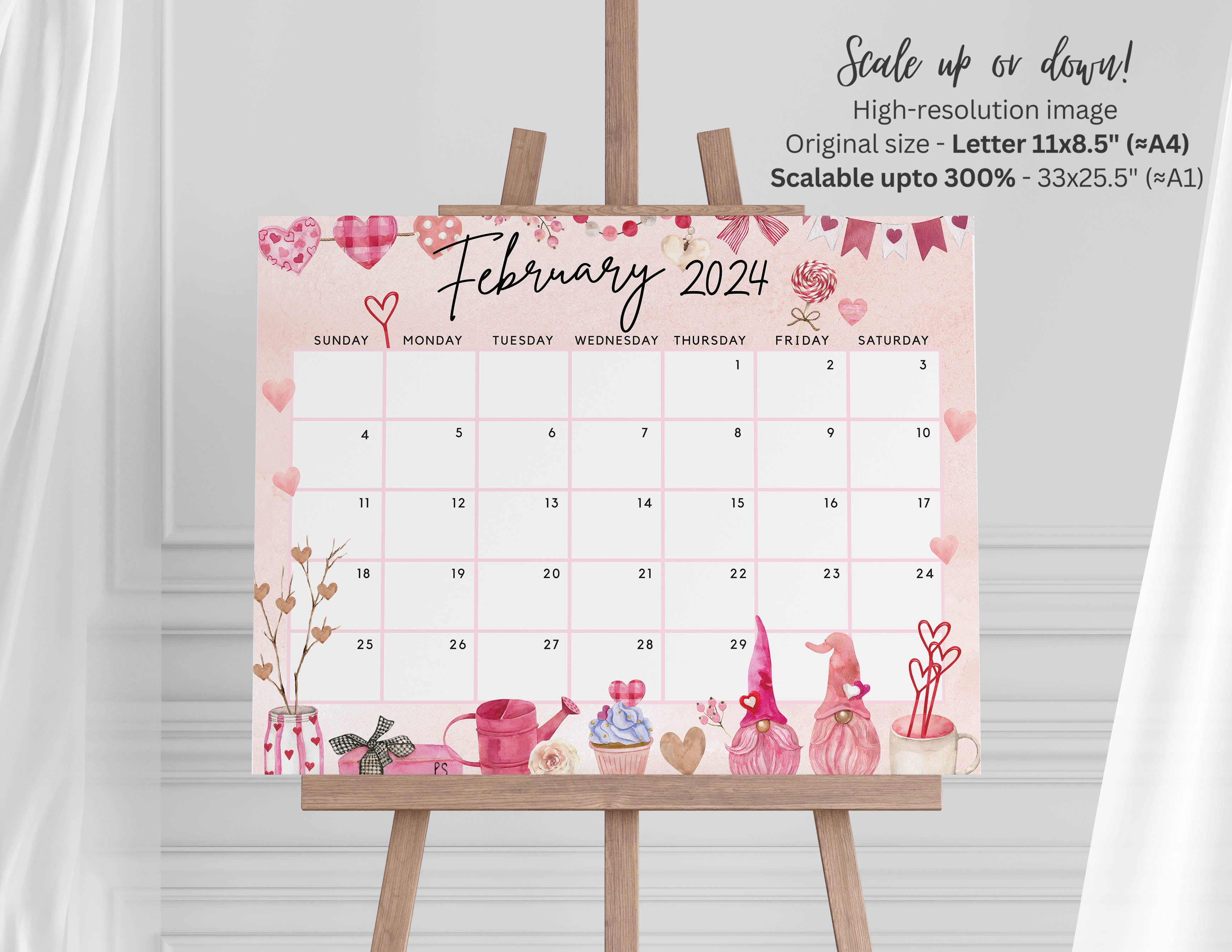 February 2024 Calendar, Lovely & Sweet Love Gnome Cute Hearts Printa