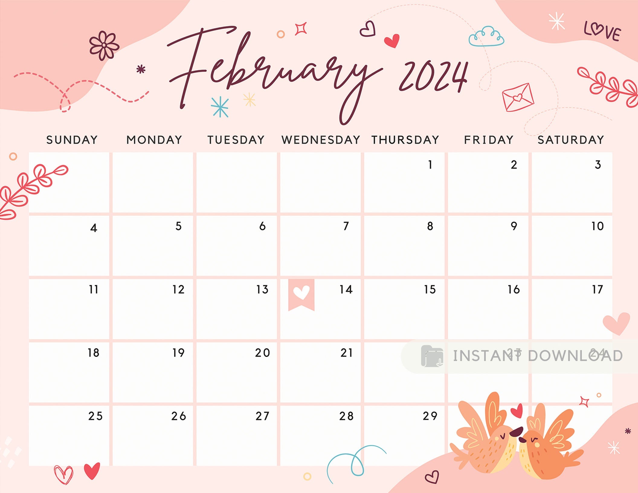 February 2024 Calendar, Lovely & Sweet Valentine's Day Love Birds - Jo ...