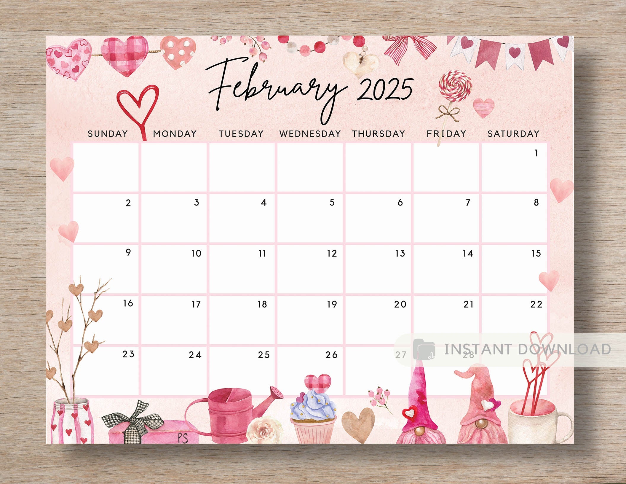 February 2025 Calendar, Lovely & Sweet Valentine's Day Gnome Cut