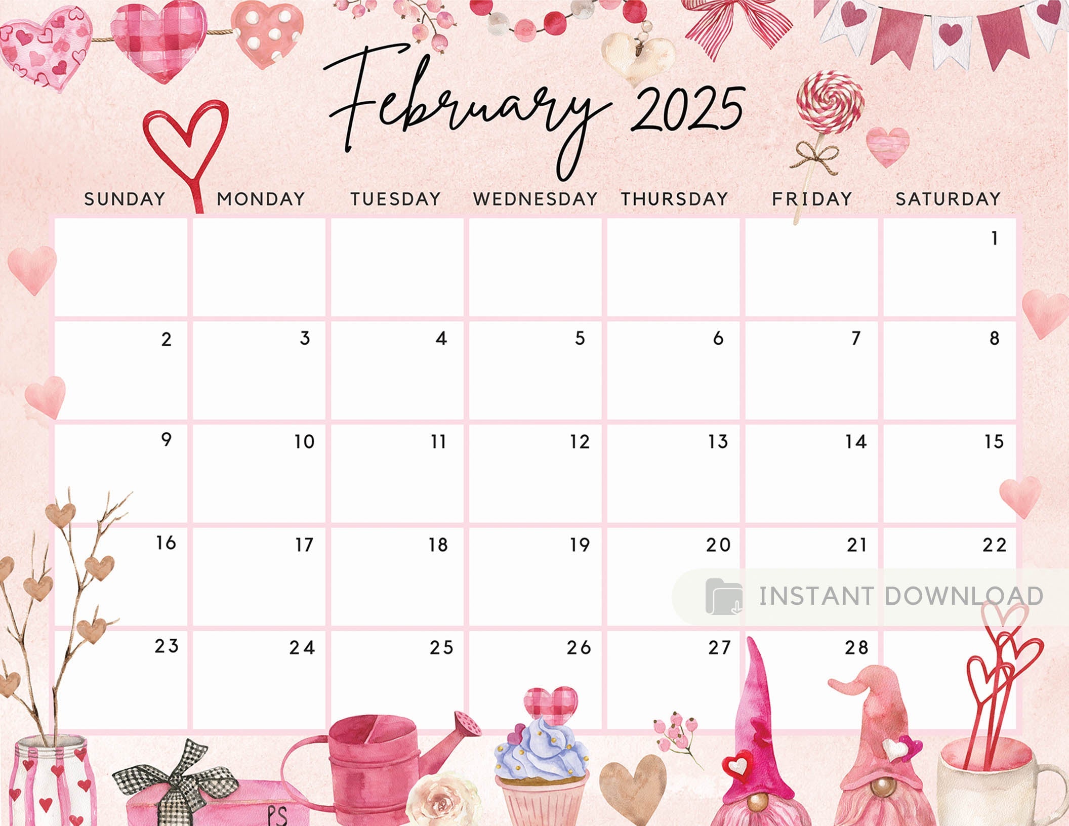 February 2025 Calendar, Lovely & Sweet Valentine's Day Gnome Cut