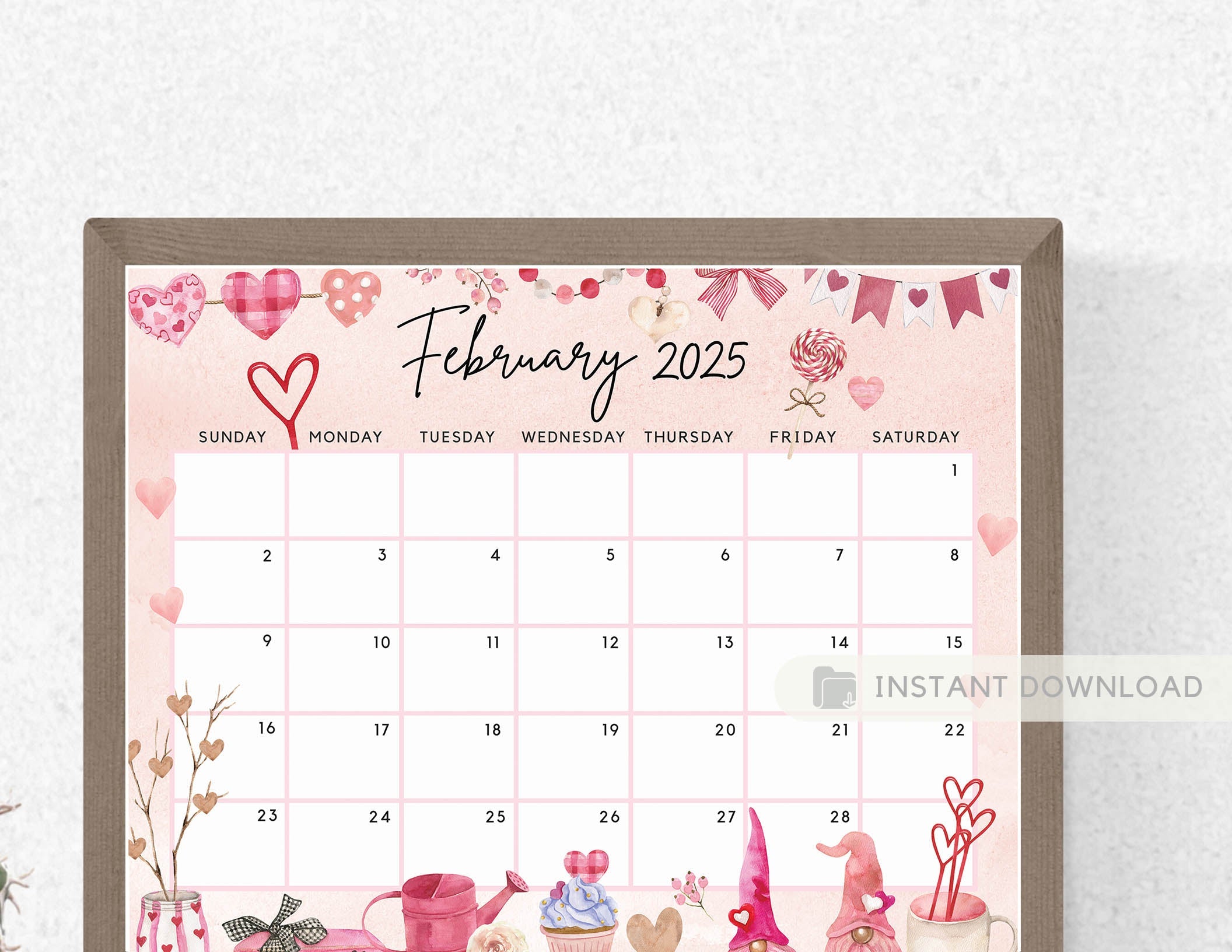 February 2025 Calendar, Lovely & Sweet Valentine's Day Gnome Cut