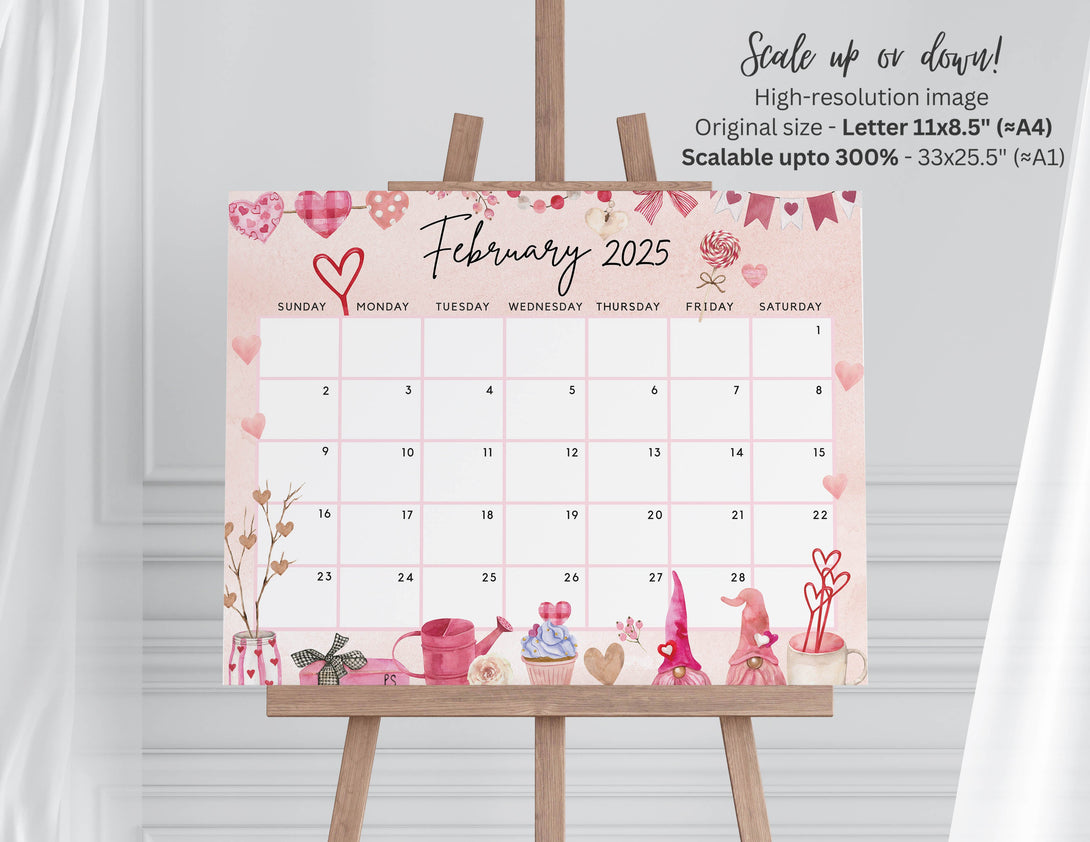 February 2025 Calendar, Lovely & Sweet Valentine&#39;s Day Gnome - Cute Printable Fillable Editable Calendar Planner - Instant Download - Visley Printables
