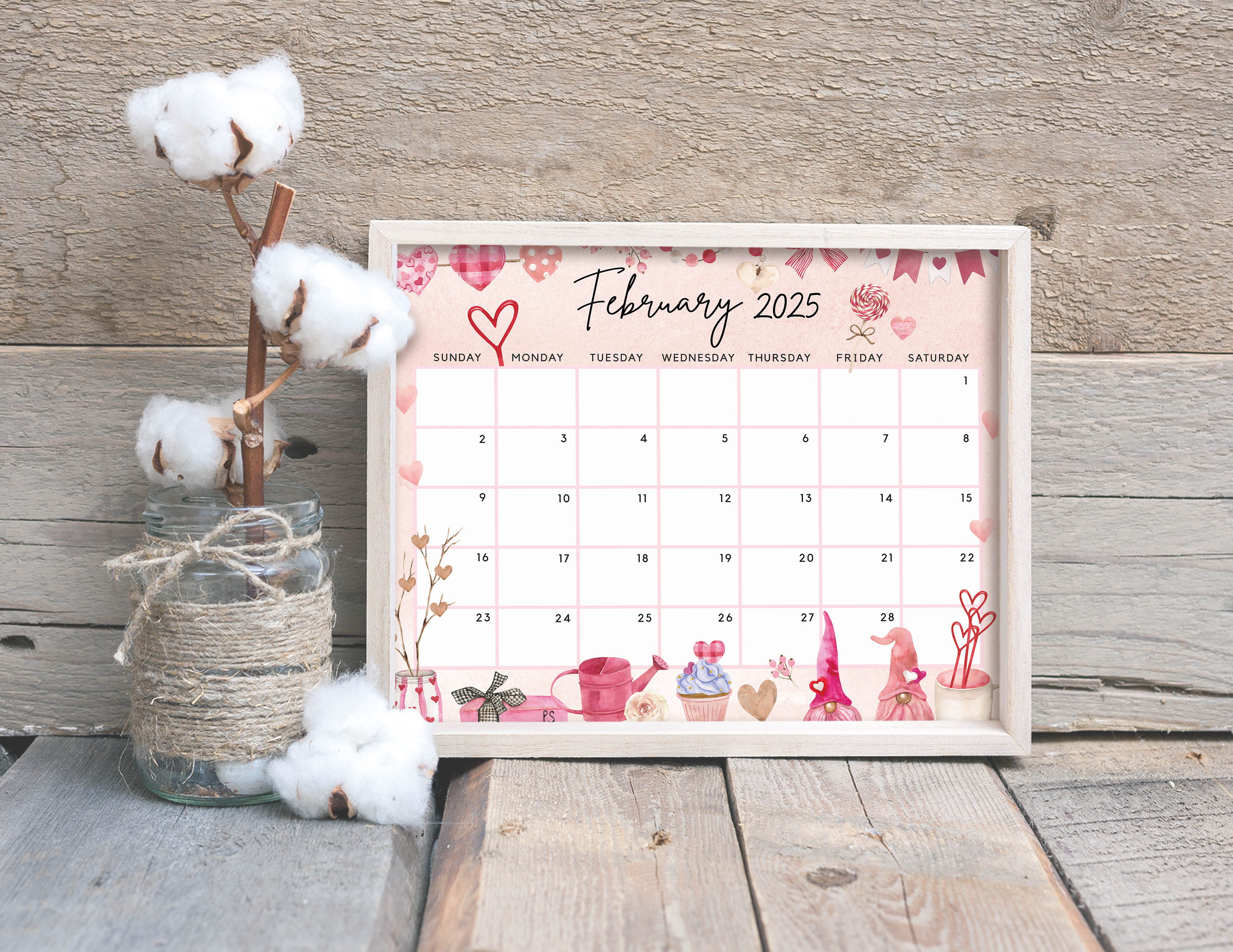 February 2025 Calendar, Lovely & Sweet Valentine's Day Gnome Cut