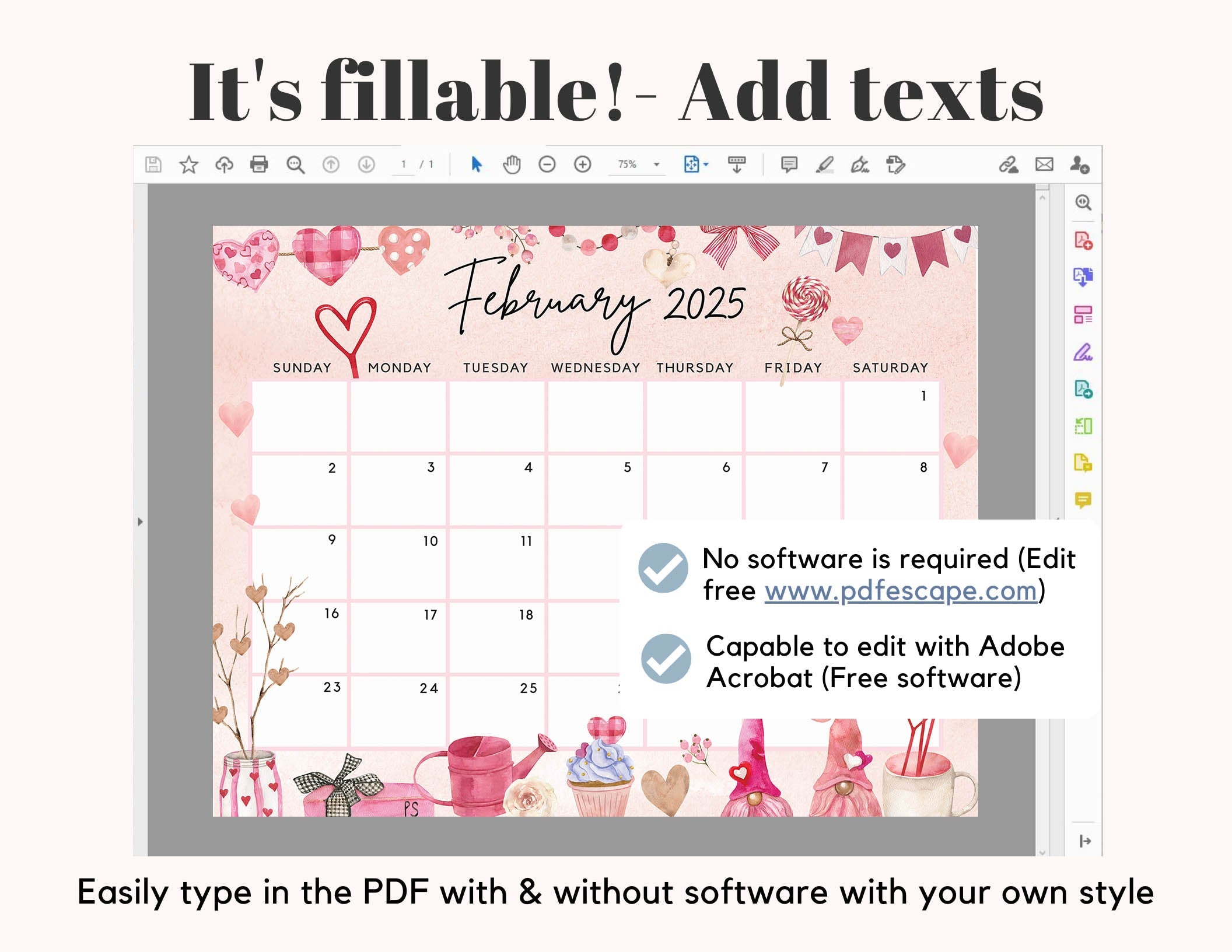 February 2025 Calendar, Lovely & Sweet Valentine's Day Gnome Cut Visley Printables