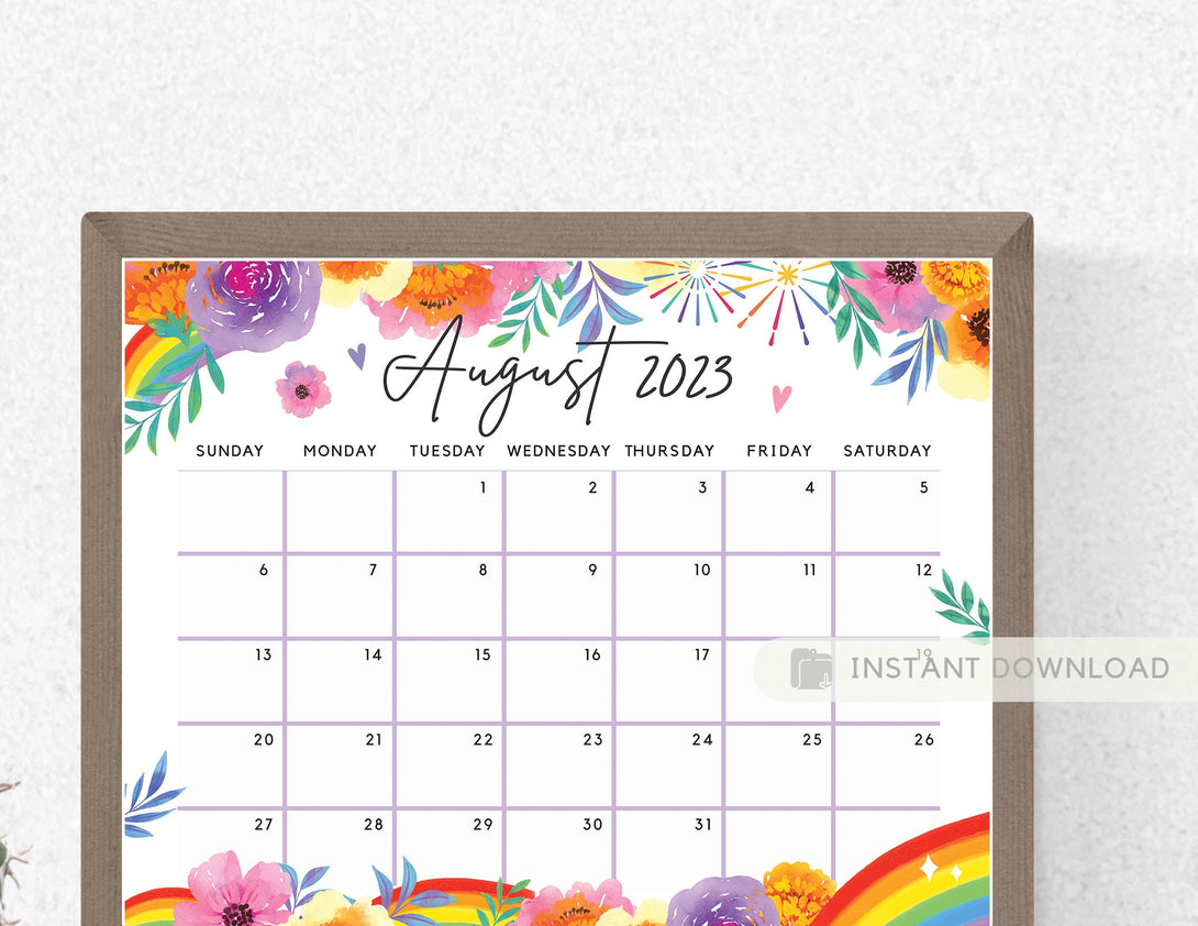 Fillable August 2023 Calendar, Rainbow Summer Floral Printable Calendar Editable Planner Insert for the Month of Aug - Instant Download - Visley Printables