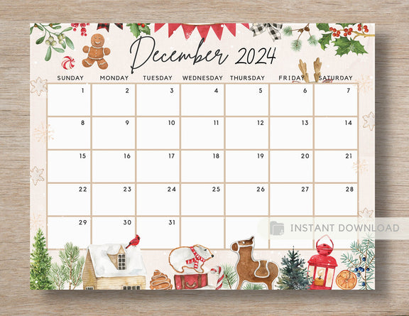 Fillable December 2024 Calendar, Cute Festive Snowy Winter Christmas E ...