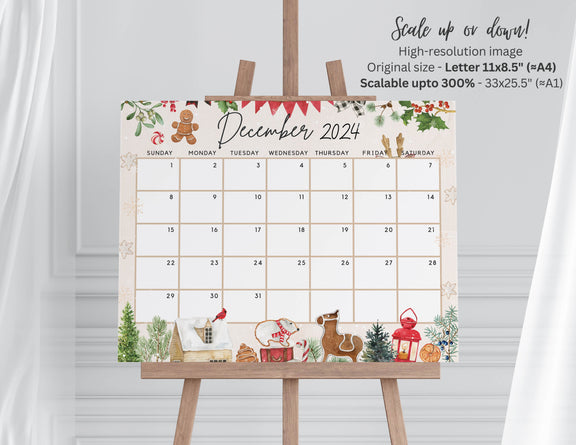 Fillable December 2024 Calendar, Cute Festive Snowy Winter Christmas E ...