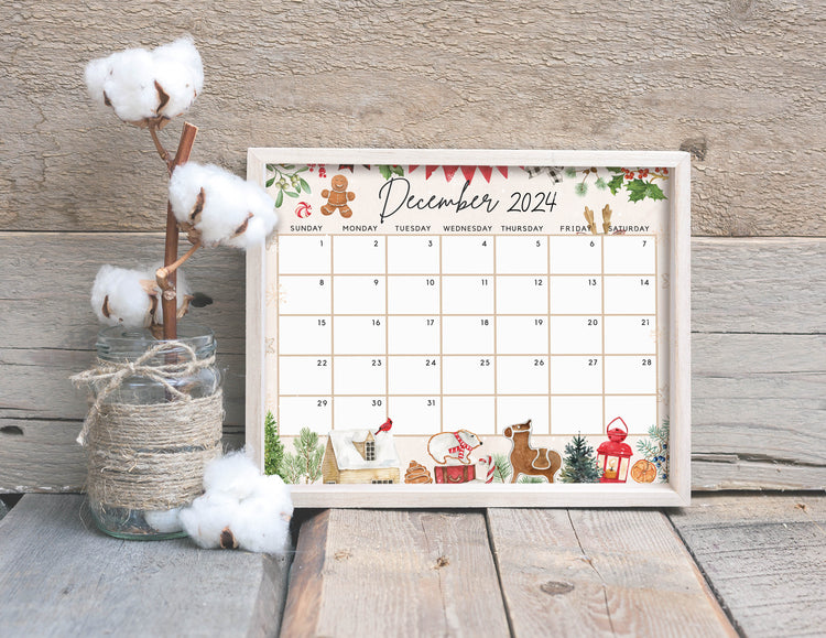 Fillable December 2024 Calendar, Cute Festive Snowy Winter Christmas E ...