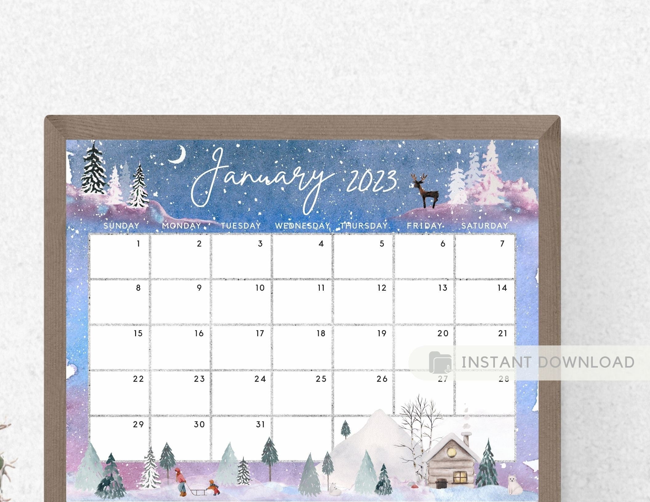 Fillable January 2023 Calendar, Cute & Fun Snowing Winter Jan 23 Print ...