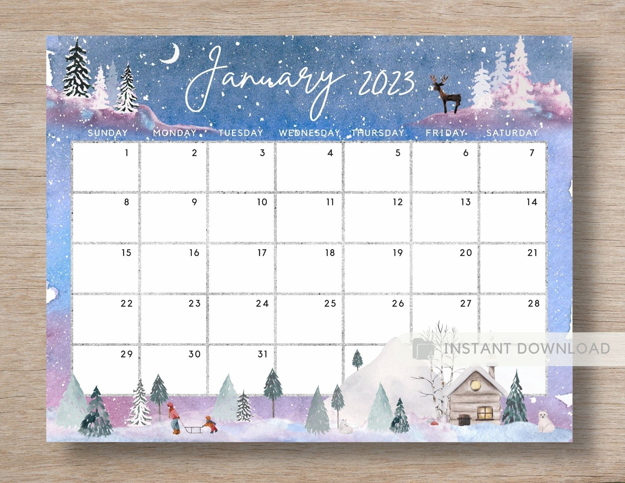 Fillable January 2023 Calendar, Cute & Fun Snowing Winter Jan 23 Print ...