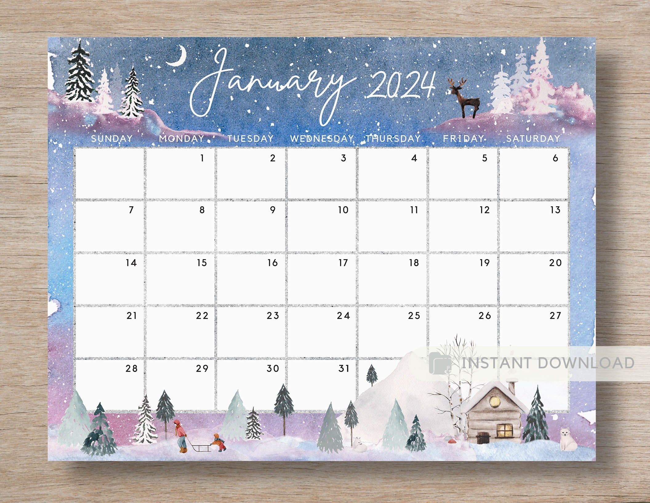 Fillable January 2024 Calendar, Cute & Fun Snowing Winter Jan 24 Print ...