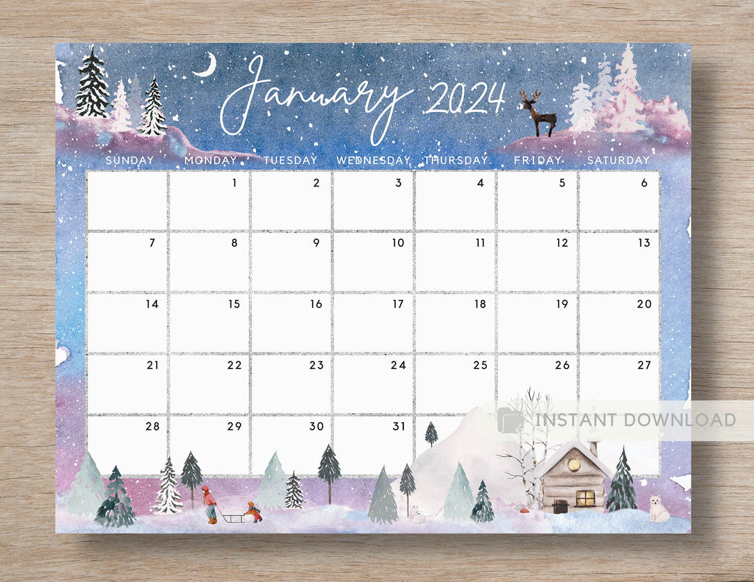 Fillable January 2024 Calendar, Cute & Fun Snowing Winter Jan 24 Printable Editable Kids School Calendar Planner Plan - Instant Download - Visley Printables