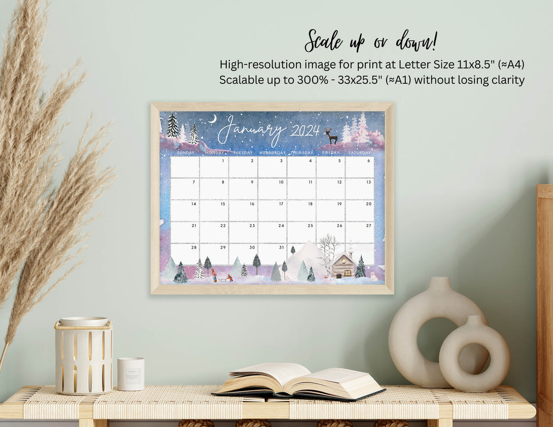 Fillable January 2024 Calendar, Cute & Fun Snowing Winter Jan 24 Printable Editable Kids School Calendar Planner Plan - Instant Download - Visley Printables