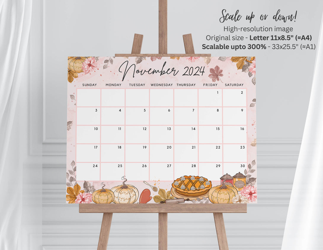 Fillable November 2024 Calendar, Sweet Autumn. Cute Fall Pumpkin Pie Cooking Spice Theme Editable Printable Calendar Planner - PDF Download - Visley Printables