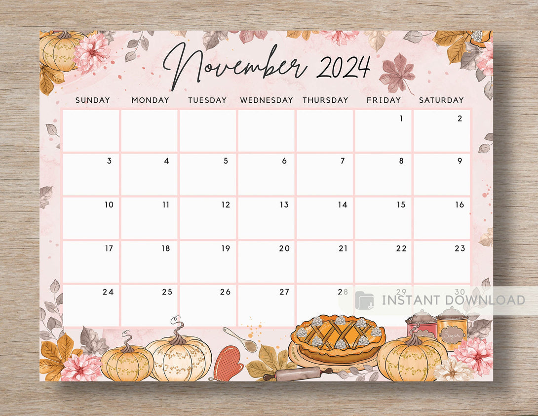 Fillable November 2024 Calendar, Sweet Autumn. Cute Fall Pumpkin Pie Cooking Spice Theme Editable Printable Calendar Planner - PDF Download - Visley Printables