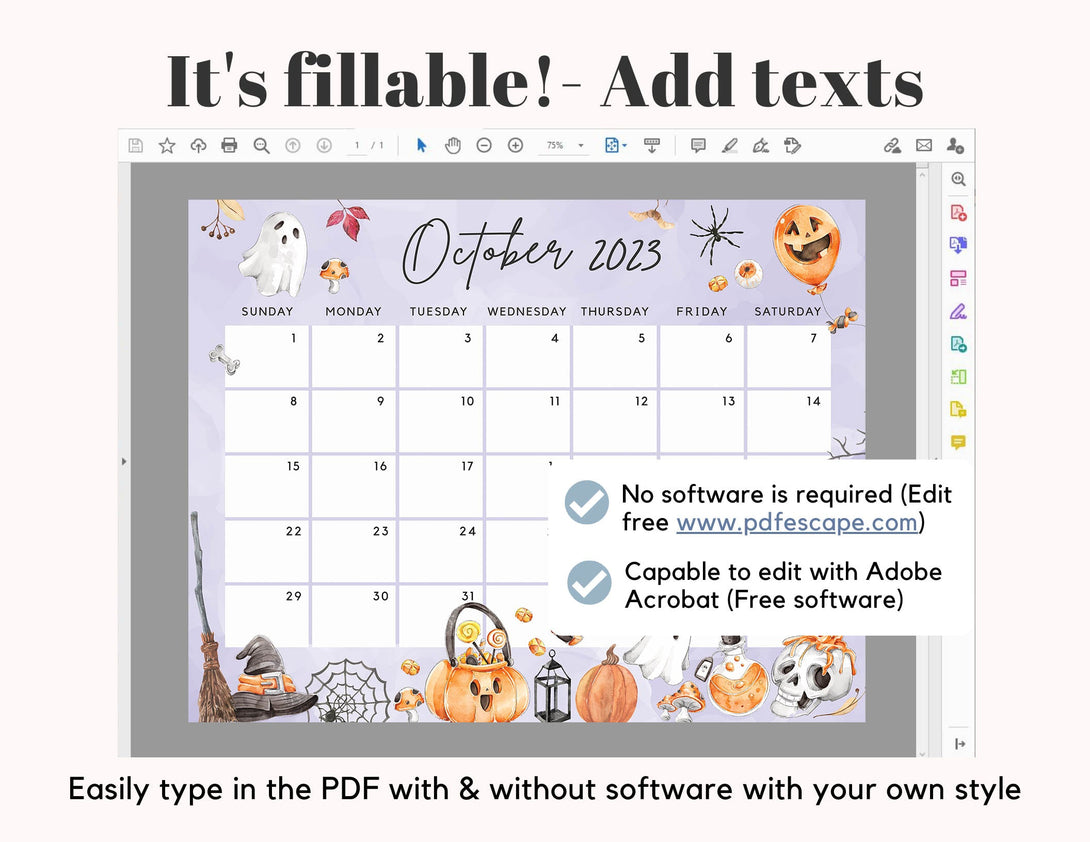 Fillable October 2023 Calendar, Halloween Fun Spooky Party Night Printable Editable Calendar Planner Plan Insert - Instant Download - Visley Printables