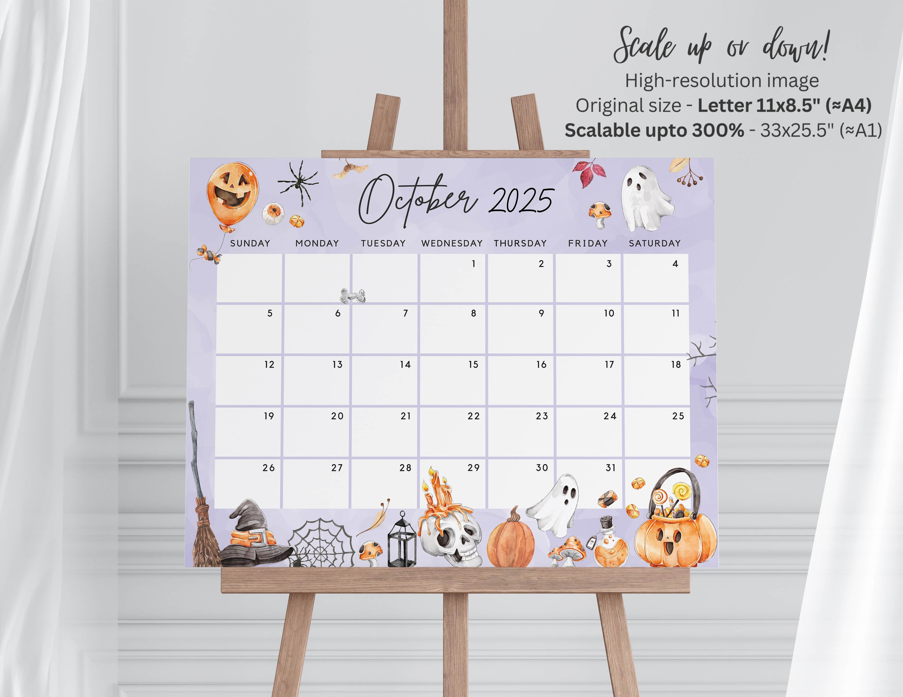 Fillable October 2025 Calendar, Halloween Fun Spooky Party Night Print
