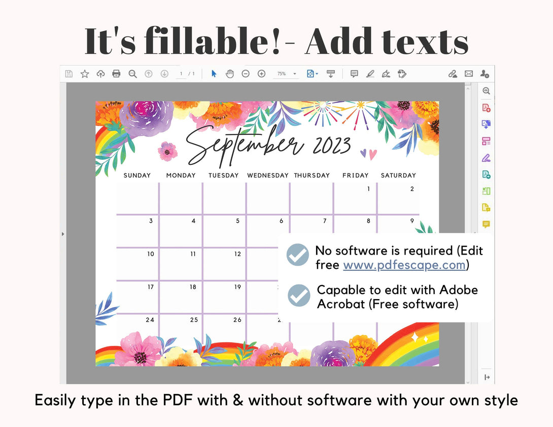 Fillable September 2023 Calendar, Rainbow Summer Floral Printable Calendar Editable Planner Insert for the Month of Sep - Instant Download - Visley Printables