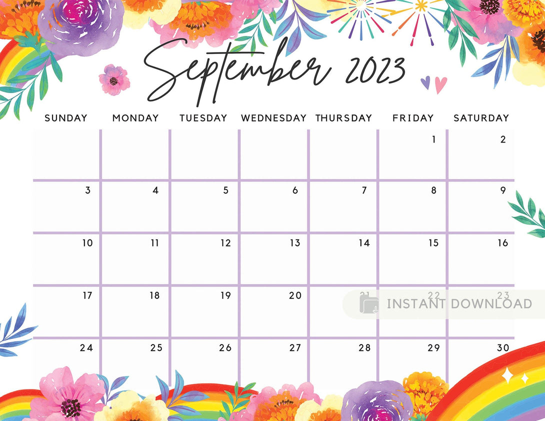 Fillable September 2023 Calendar, Rainbow Summer Floral Printable Calendar Editable Planner Insert for the Month of Sep - Instant Download - Visley Printables