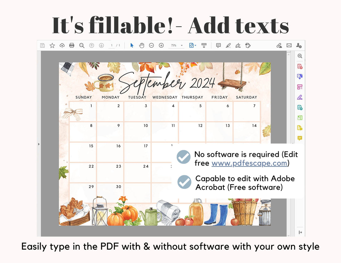 Fillable September 2024 Calendar, Beautiful Fall Vibes, Printable Calendar FarmHouse Inspired, Editable Calendar Planner - Instant Download - Visley Printables