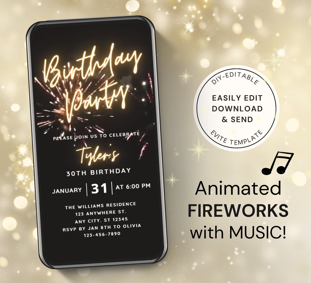 Firework Birthday Party Invitation, Electronic Video Holiday or New Year, Surprise Birthday Party Video Invite Editable Digital Template - Visley Printables