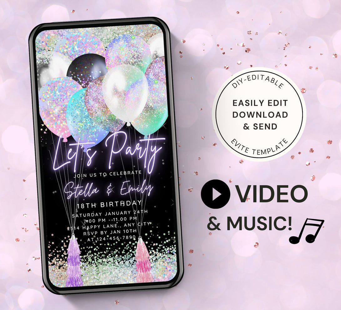 Fun Colorful Party Invite for any Events, Celebrate Baby Shower, Double Birthday, for Girls with Editable Video Invitation Template - Visley Printables