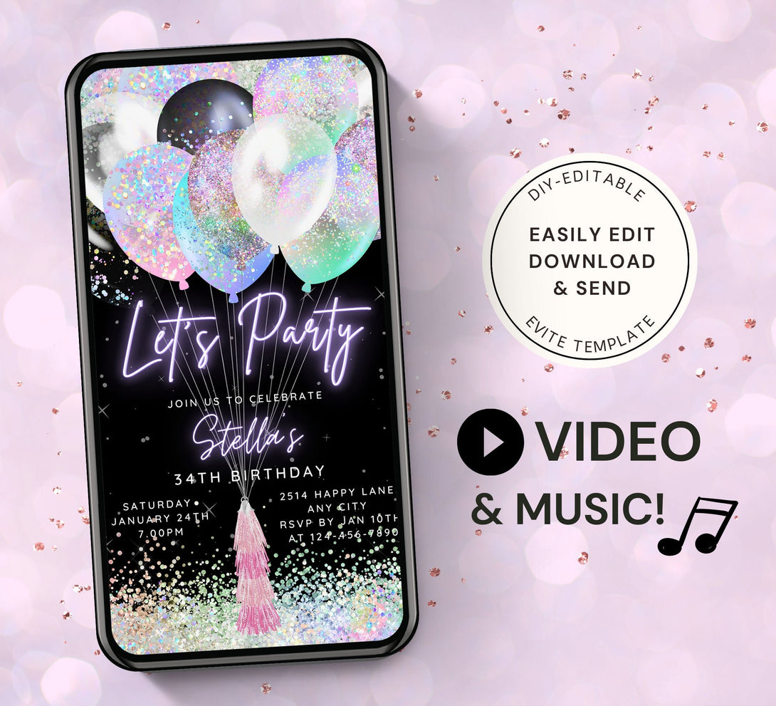 Fun Colorful Party Invite for any Events, Celebrate Baby Shower, Joint Birthday, for Girls with Editable Video Invitation Template - Visley Printables