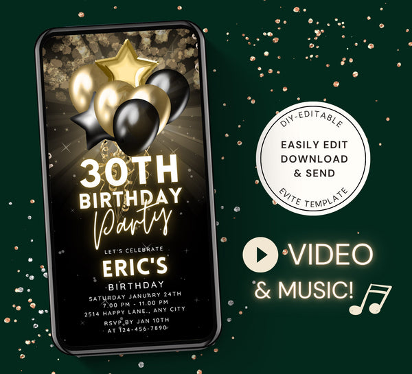 Gold and Black Party Invitation for Men, Video Birthday Party Invite, Editable Bday Dinner, Animated Classy Night Celevration Digital Card - Visley Printables