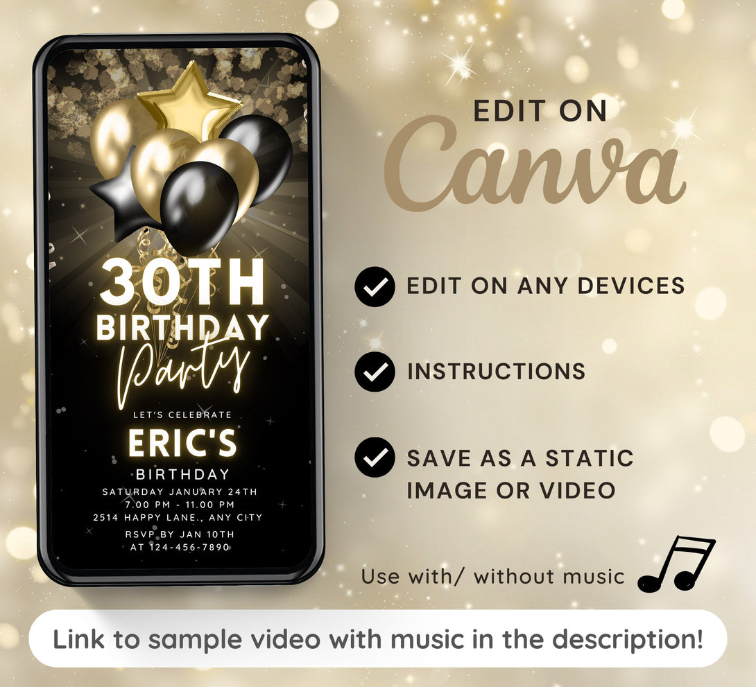 Gold and Black Party Invitation for Men, Video Birthday Party Invite, Editable Bday Dinner, Animated Classy Night Celevration Digital Card - Visley Printables