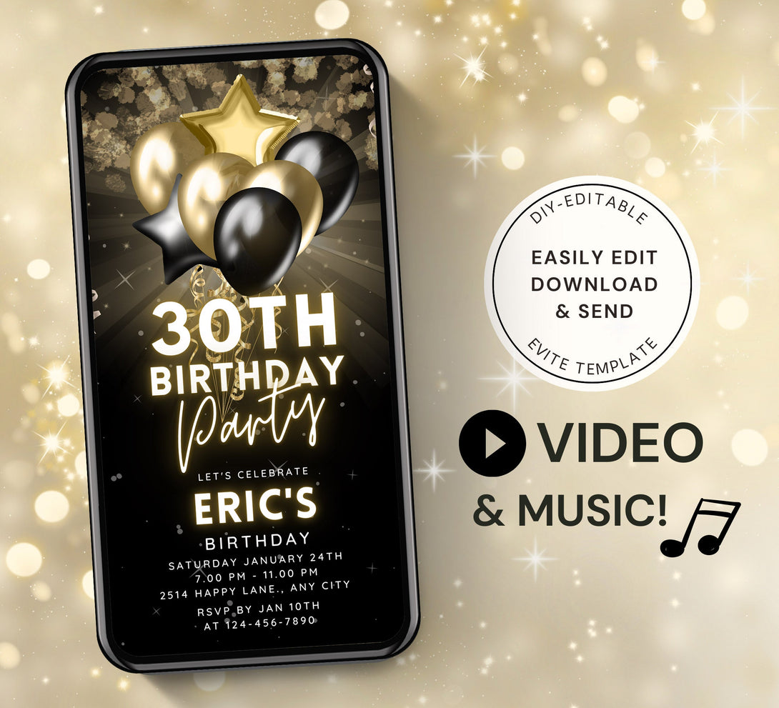 Gold and Black Party Invitation for Men, Video Birthday Party Invite, Editable Bday Dinner, Animated Classy Night Celevration Digital Card - Visley Printables