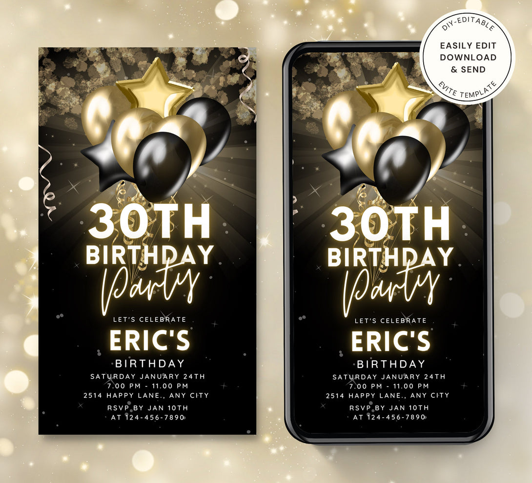 Gold and Black Party Invitation for Men, Video Birthday Party Invite, Editable Bday Dinner, Animated Classy Night Celevration Digital Card - Visley Printables