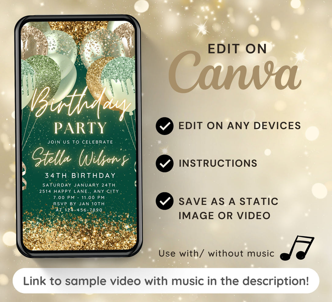 Golden Glitter & Balloons Invite for any Party Events, Celebrate Retirement, Birthday, Anniversary with Editable Video Invitation Template - Visley Printables
