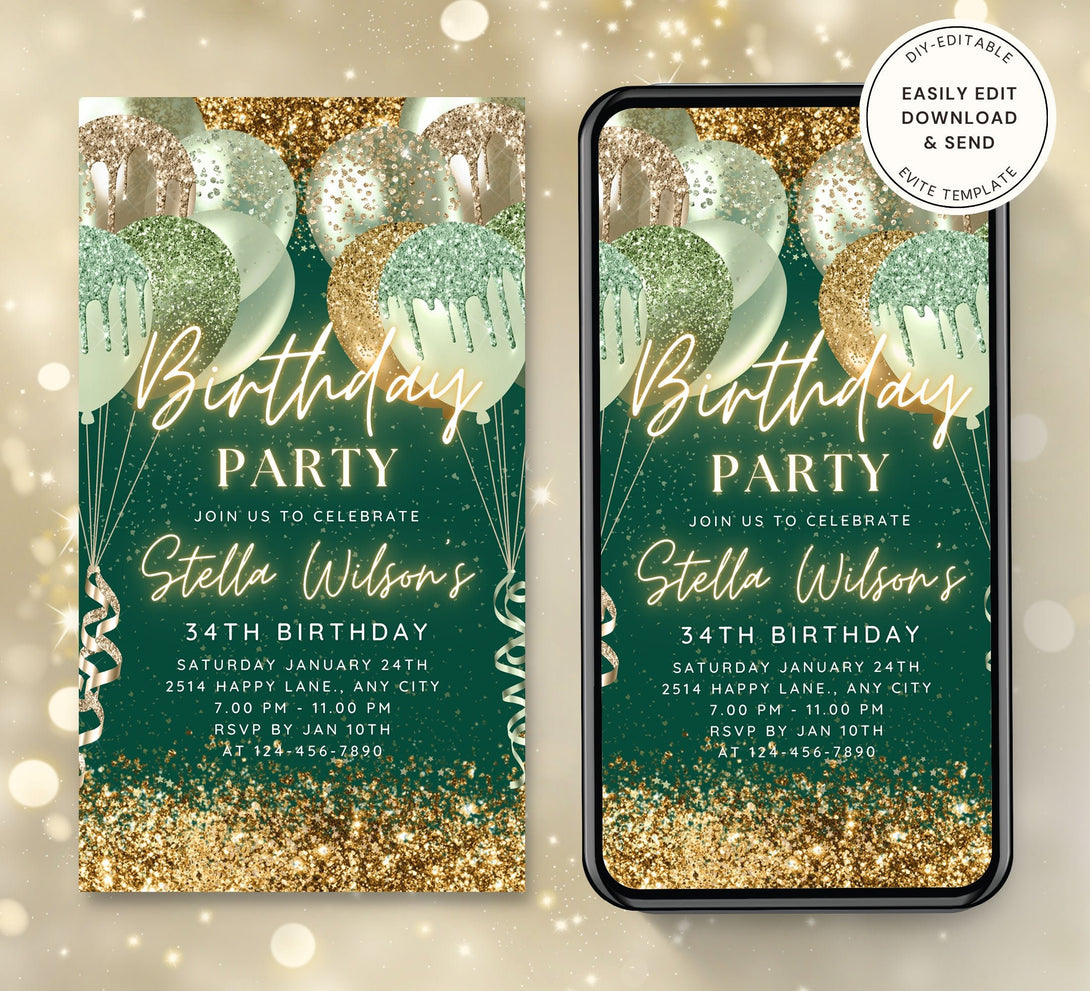 Golden Glitter & Balloons Invite for any Party Events, Celebrate Retirement, Birthday, Anniversary with Editable Video Invitation Template - Visley Printables