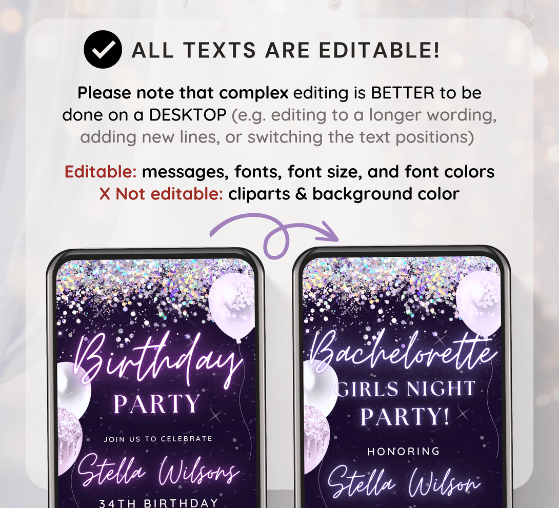 Hello 50 Fifty, Birthday Party Invitation Template, Animated Electronic Party Invite, Editable Sparkle Purple Video Neon Digital e-vite - Visley Printables