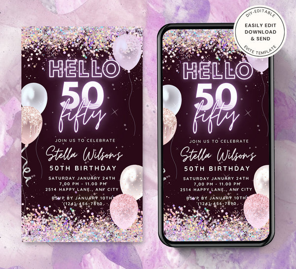 Hello 50 Fifty, Birthday Party Invitation Template, Animated Electronic Party Invite, Editable Sparkle Purple Video Neon Digital e-vite - Visley Printables